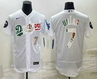 Mens Los Angeles Dodgers #7 Julio Urias Number White With Vin Scully Patch Flex Base Stitched Baseball Jersey->los angeles dodgers->MLB Jersey